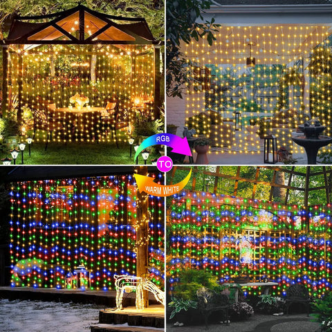 Two Color Changing Curtain Lights 600 LED 20ft By 10ft Waterproof for Outdoor Garden Decor Warm White and Multicolor