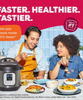 7 In 1 Electric Pressure Cooker With App for Recipe Library on table with couple enjoying meal, highlighting faster cooking