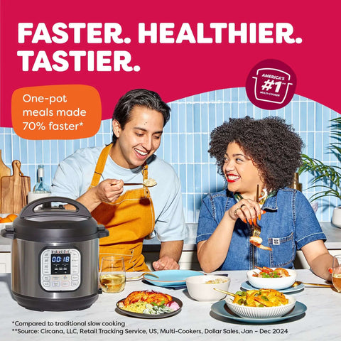 7 In 1 Electric Pressure Cooker With App for Recipe Library on table with couple enjoying meal, highlighting faster cooking