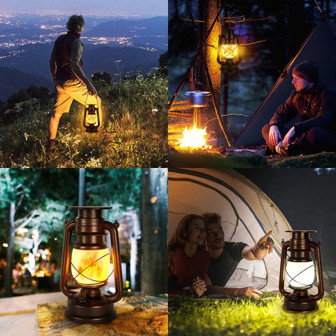 Outdoor Solar Lanterns With Flicker Flame LED in use during camping and garden settings, showing waterproof vintage style, no wires easy setup