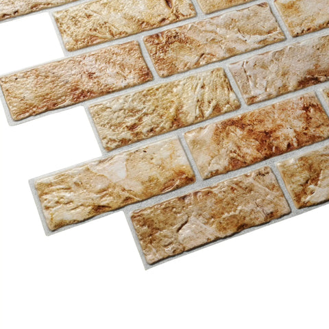 Copper Brown Faux Brick PVC 3D Wall Panels Pack Of 10 For Quick Accent Wall Makeover DIY Friendly Realistic Brick Texture 3.3 Ft By 2 Ft Each Interior Design Wall Paneling Decor close-up