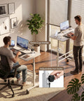 Two men using Adjustable Standing Desk On Wheels For Treadmills And Home Offices Portable Laptop Workstation 31.5 To 46.9 Inches White