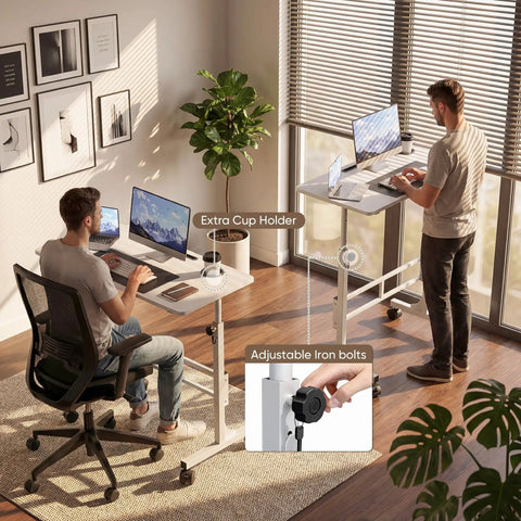 Two men using Adjustable Standing Desk On Wheels For Treadmills And Home Offices Portable Laptop Workstation 31.5 To 46.9 Inches White