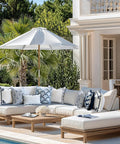 Luxurious patio scene with Coastal Patio Lumbar Pillow Cover 12x20 Inches Water Repellent Scalloped Edge For Indoor Outdoor Use Baby Blue Stripe Cushion Case With Invisible Zipper And Chill Vibe