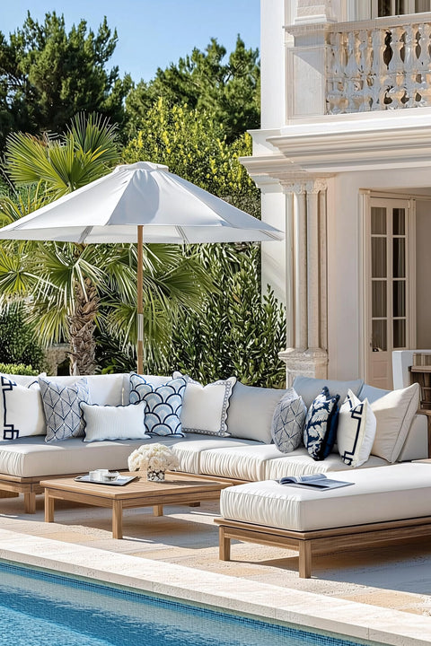 Luxurious patio scene with Coastal Patio Lumbar Pillow Cover 12x20 Inches Water Repellent Scalloped Edge For Indoor Outdoor Use Baby Blue Stripe Cushion Case With Invisible Zipper And Chill Vibe