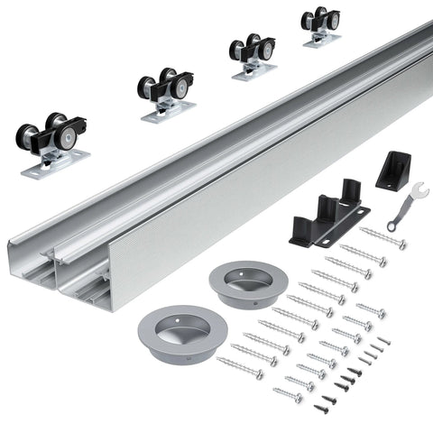 Go To 6 Ft Bypass Closet Door Track Kit With Top Mounted Hardware For Two Door System In Heavy Duty Aluminum Smooth And Quiet Operation Fits Minimum Door Panel Width Of 36.5 Inches Silver Finish.