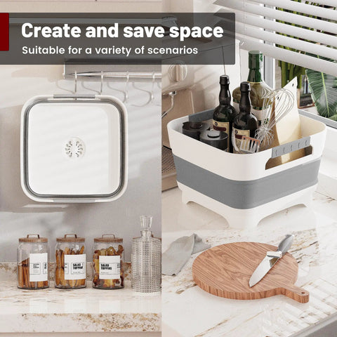 Collapsible Wash Basin With Drain Plug 2.4 Gallons for Kitchen and Camping folded on wall and expanded on table with items