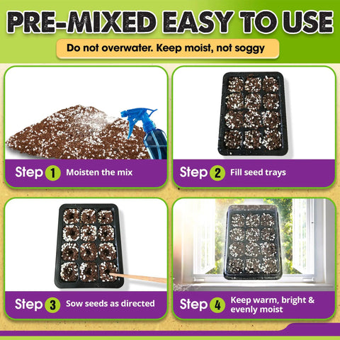Steps for using Ready To Use Seed Starting Soil Mix With Coco Coir, Perlite, Vermiculite, And Worm Castings, 8 Dry Quarts, Peat Free