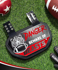 Football back plate with tiger pattern and 'Danger Beware of Beasts' design, ventilated foam padding, for youth and men.