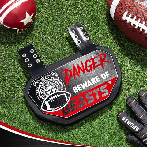 Football back plate with tiger pattern and 'Danger Beware of Beasts' design, ventilated foam padding, for youth and men.