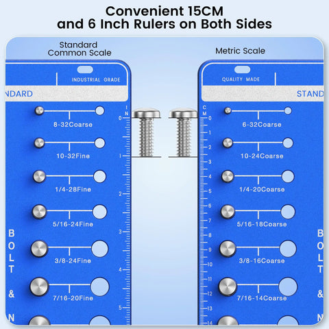 44 Thread Checker For Nut And Bolt Sizing, 22 Standard And 22 Metric Thread Sizes, Metal Gauge With Inch Ruler visible