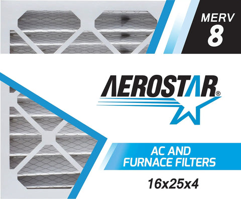 Packaging for Six Pack 16x25x4 MERV 8 Air Filter For Allergies Dust Pet Dander And Smoke, with brand logo and filter design.