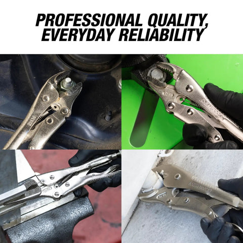 Four images of Seven Piece Locking Pliers Set With Curved Jaw And Needle Nose Vise Grips For Every Grip And Clamp Job in use