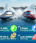 Two Pack 12 Inch RC Boat With Carry Case Saltwater Ready 30 KPH Speed Auto Flip racing in water with battery details