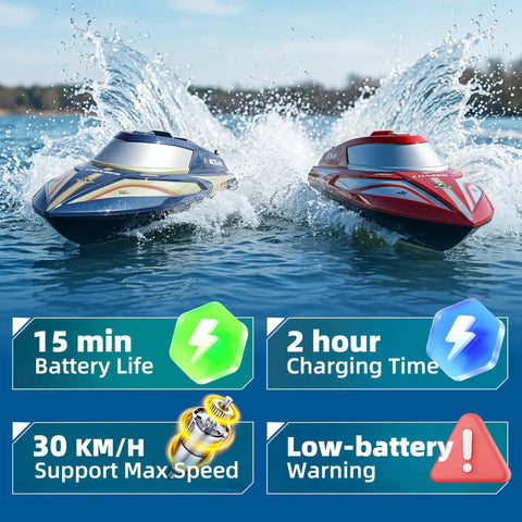Two Pack 12 Inch RC Boat With Carry Case Saltwater Ready 30 KPH Speed Auto Flip racing in water with battery details