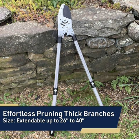 Double Ratcheting Anvil Lopper With Extendable Handles 26 To 40 Inches leaning against stone wall, rugged rubber grips visible