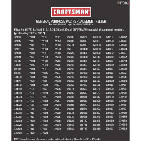 Image showing model numbers compatible with Craftsman General Purpose Vac Replacement Filter