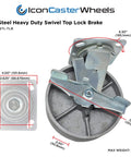 8 Inch Steel Heavy Duty Caster Wheel with Swivel Lock Brake, 1250 lbs capacity, top plate measurements shown.