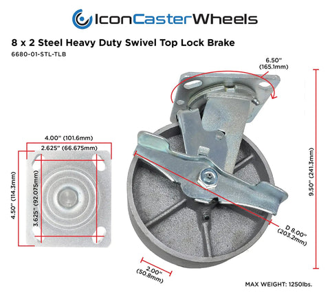 8 Inch Steel Heavy Duty Caster Wheel with Swivel Lock Brake, 1250 lbs capacity, top plate measurements shown.