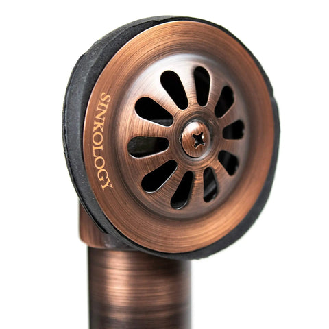 Hella Durable 1.5 Inch Pop Up Bathtub Drain And Overflow Kit With Slick Antique Copper Brass Finish close-up of drainage cover design.