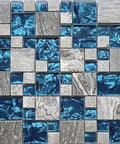 Teal Blue Crystal Glass And Grey Stone Tile Mosaic For Bathroom Shower Walls And Kitchen Backsplash Versaille Pattern Mosaic