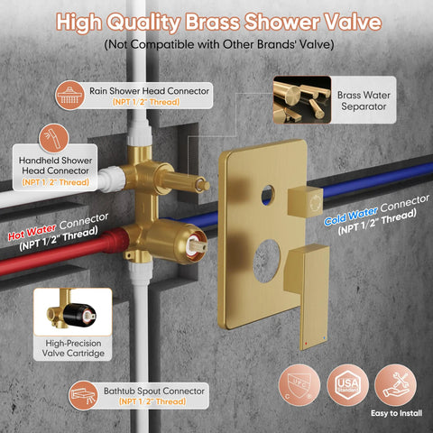 Slick Brushed Gold Shower System Featuring Wall Mounted Rainfall Head And Adjustable Body Spray Jets, Includes Durable Tub Spout, Hassle Free Plumbing Setup, Premium Fixtures For Your Bathroom Glow Up
