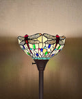 Dragonfly Tiffany Style Stained Glass Floor Lamp Torchiere Cream Rustic Look Tall Standing Light 70 Inches With 12 Inch Shade And Heavy Base