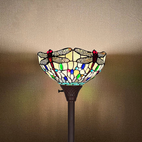 Dragonfly Tiffany Style Stained Glass Floor Lamp Torchiere Cream Rustic Look Tall Standing Light 70 Inches With 12 Inch Shade And Heavy Base