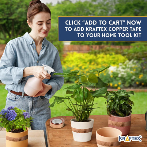 Woman gardening with Dope Copper Tape 1 Inch By 66 Ft Conductive Adhesive Foil as slug barrier on plant pots outdoors.