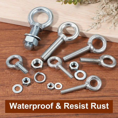 Five Pack M12 Galvanized Carbon Steel Eye Bolts Kit With Nuts And Washers, Built Tough Heavy Duty Screw Eye Bolts For Tie Down Straps, 0.5 By 1.18 Inch Lifting Rings, Indoor Outdoor Use, Silver with nuts and washers