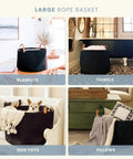 Black Cotton Rope Storage Basket With Real Leather Handles Big 20x13 Inch Blanket And Toy Organizer in various home settings.