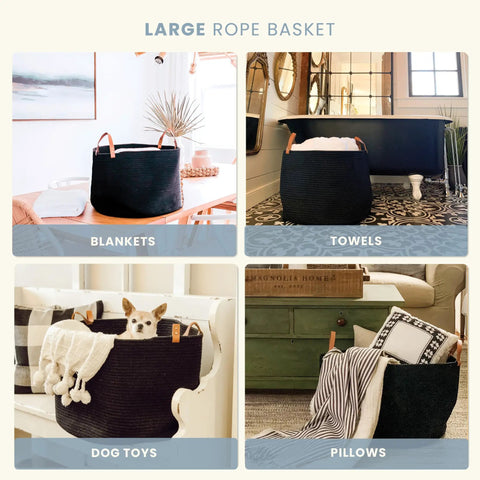 Black Cotton Rope Storage Basket With Real Leather Handles Big 20x13 Inch Blanket And Toy Organizer in various home settings.