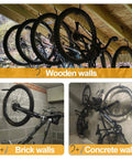 Road Bike Hooks For Garage Walls And Ceilings Heavy Duty Bicycle Hangers For Safe Space Saving Bike Storage, mounted on wooden, brick, and concrete walls.