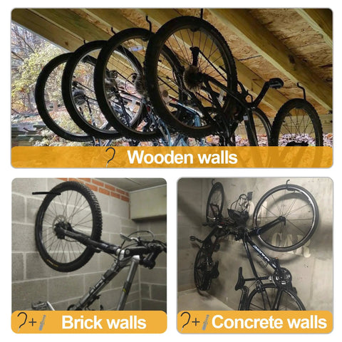Road Bike Hooks For Garage Walls And Ceilings Heavy Duty Bicycle Hangers For Safe Space Saving Bike Storage, mounted on wooden, brick, and concrete walls.