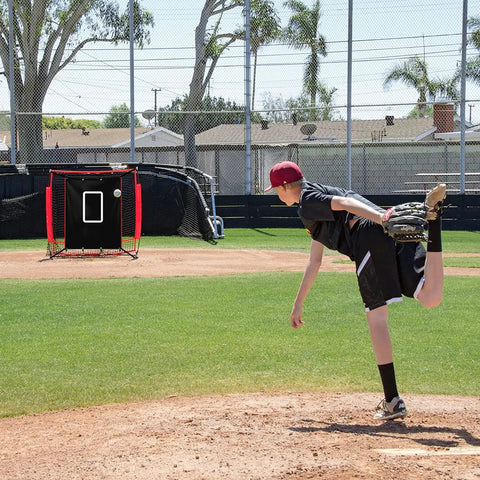 Pitcher practicing with 4x6 Baseball Backstop for Batting Cages and Softball Nets, Durable PVC Strike Zone Target Backdrop