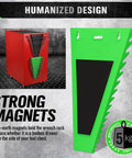 Magnetic Wrench Organizer Set Two Piece With 32 Slot Drawer Storage For SAE One Quarter To One And One Sixteenth Inch And Metric Six To Twenty Four Millimeters Green And Black showcasing strong magnets