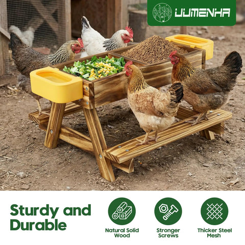 Chickens eating from Carbonized Wooden Chicken Picnic Table Feeder With Two Water Dispensers No Mess Poultry Feeder Easy To Clean