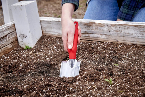 Heavy Duty Garden Trowel For Everyday Digging And Planting in raised bed with red handle and aluminum blade