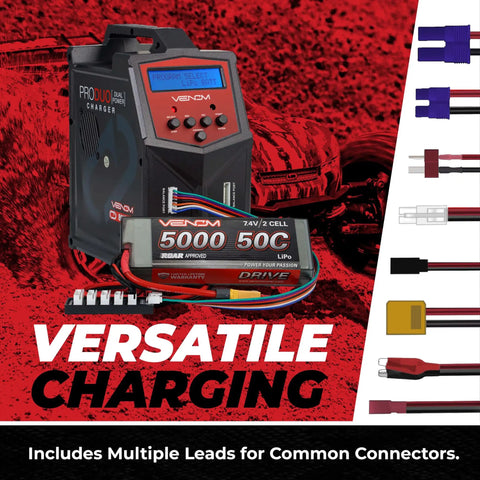 Power Pro Duo LiPo Battery Charger With LCD Screen shown with multiple battery connectors for versatile charging.