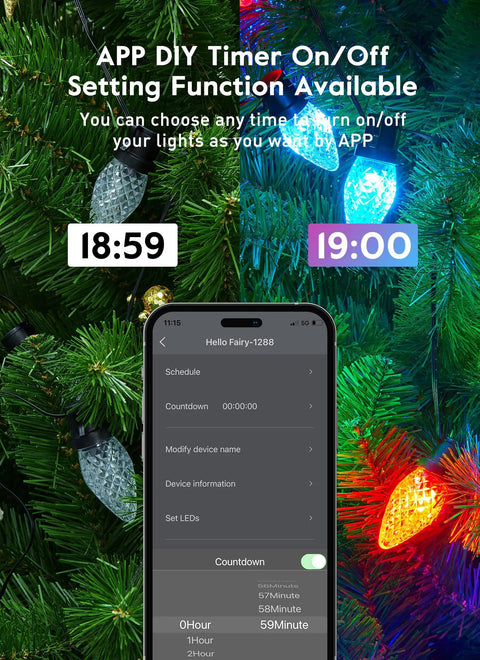 App interface for Smart RGB C9 LED Christmas Lights 66ft Music Sync With App Control Color Changing String Lights.