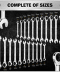 33 Piece Ratchet Wrench Set With SAE And Metric Sizing From One Quarter To Three Quarters Inches And Six To Eighteen Millimeters displayed