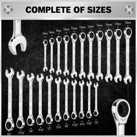 33 Piece Ratchet Wrench Set With SAE And Metric Sizing From One Quarter To Three Quarters Inches And Six To Eighteen Millimeters displayed