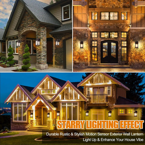Houses illuminated by Motion Sensor Outdoor Wall Light With Dusk To Dawn Photocell, Oil Rubbed Bronze Exterior Sconce And Water Rippled Glass Lantern