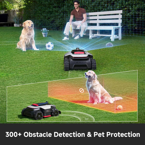 All Terrain Wire Free Robot Lawn Mower With AWD Power 360 Degree LiDAR And AI Dual Vision The Lawn Beast mowing with obstacle detection