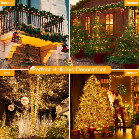 262ft Outdoor Christmas Lights With 800 LEDs illuminating a patio, house exterior, tree, and indoor decor with warm white glow.
