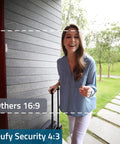 Battery Powered Video Doorbell 2E With 2K Live View showing 4:3 color image comparison against 16:9 view at a front door.