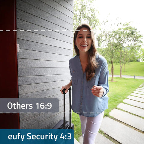Battery Powered Video Doorbell 2E With 2K Live View showing 4:3 color image comparison against 16:9 view at a front door.
