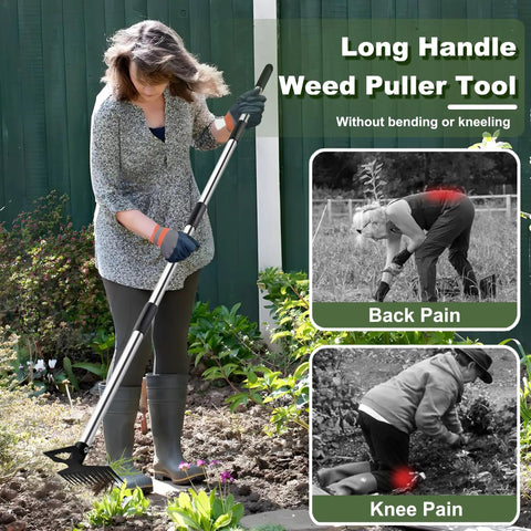 Woman using Long Reach 60 Inch Weed Puller Tool With Dual Sided 2 In 1 Weed Rake And Garden Hoe Heavy Duty Manual Weeder Remover