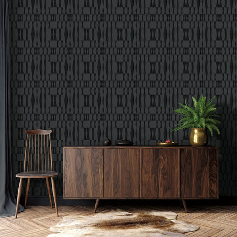 Living room with Removable Peel And Stick Grey Faux Grasscloth Texture Wallpaper With Geometric Pattern, wooden sideboard, and chair