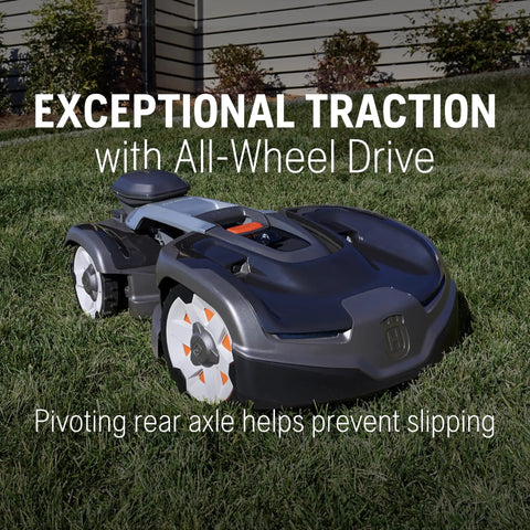 435iQ AWD Automower Robotic Mower showing exceptional traction with all-wheel drive on grass